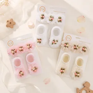 Conjunto De Diadema Y Calcetines Para Bebé Niña Gasa Flor 3D Nylon Diadema Elástica Calcetines Antideslizantes Para Recién Nacidos