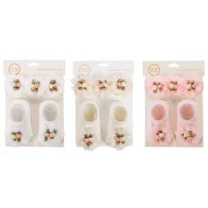 Set de diadema y calcetines para bebé con flores de gasa para niños de 0 a 2 años