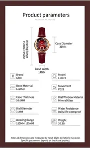 Elegante GEDI Damen-Quarzuhr mit rotem Lederarmband und Strass-Details auf dem Zifferblatt