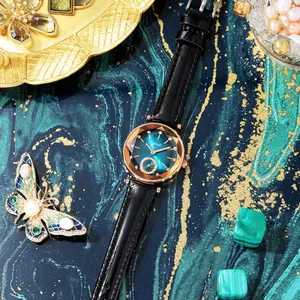 Gedi modische Luxus-Quarzuhr für Damen mit blauem Zifferblatt und schwarzem Lederarmband Ansicht