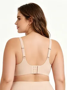 Rear view detail of a beige plus size seamless bra with adjustable straps