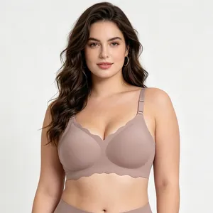 Women Seamless Scalloped Bra Wireless Comfortable Soft Support Bralette With Adjustable Straps Large Size Bra Underwear