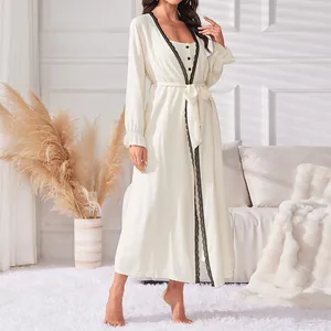 Minimalist women's two-piece loungewear set with lace-trimmed nightgown and robe