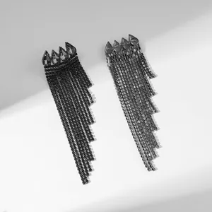 Detailed macro view showing the front and back of long black crystal tassel earrings