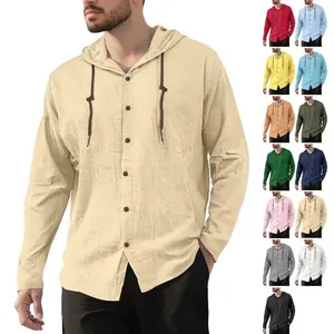 Men Hooded Shirt Cotton Linen Long Sleeve Solid Color Casual Button Down Drawstring Top Urban Fashion Breathable Outerwear