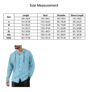 Size chart for men's hooded long sleeve cotton shirt with CM and INCH measurements.