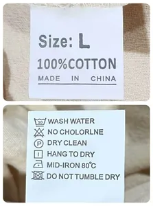 Detailed view of a 100% cotton men's shirt care label with washing instructions