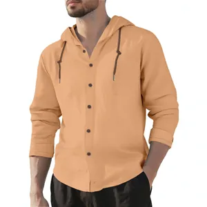 Men's breathable pure cotton hooded long sleeve shirt in tan for casual outdoor wear.