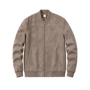 Vue détaillée de face d'un blouson aviateur en daim marron pour homme avec fermeture