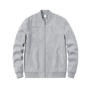 Vue de face d'un blouson aviateur pour homme en daim gris clair avec fermeture éclair intégrale