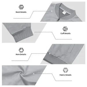 Détails de l'encolure, des poignets et de l'ourlet sur la texture du blouson aviateur gris