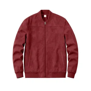 Blouson aviateur en daim bordeaux pour homme avec col zippé et bords-côtes.