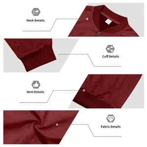 Détails complets d'une veste bomber en daim bordeaux montrant le col, les poignets et l'ourlet
