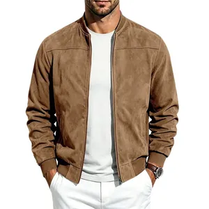 Détails d'un blouson bomber en daim marron pour homme avec col montant et fermeture éclair