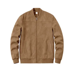 Vue de face d'un blouson bomber en daim marron pour homme avec fermeture éclair métal