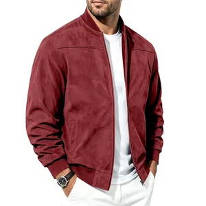 Men's premium burgundy faux suede bomber jacket with baseball collar and zipper closure.