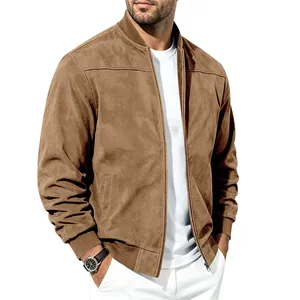 Classic men's brown suede bomber jacket featuring a baseball collar and zipper closure