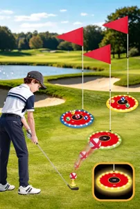 Photo d'action d'un kit de golf pour enfants avec cibles LED et drapeaux sur gazon
