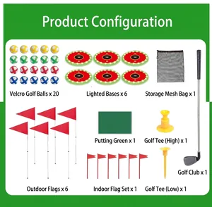 Composants détaillés du kit de golf enfant avec bases lumineuses et accessoires.