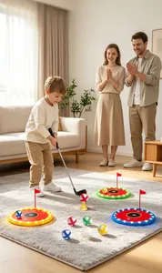 Jeune garçon jouant au golf d'intérieur lumineux avec ses parents au salon