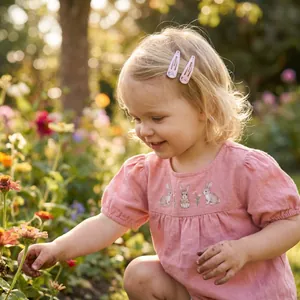 Toddler girl wearing cute pink candy-colored water drop hair clips in a sunny garden