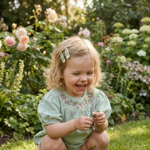 Close-up of a little girl wearing floral green snap hair clips in a sunny garden setting.