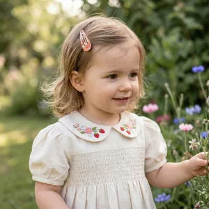 Close-up of a cute orange floral snap hair clip worn by a young girl in a garden.