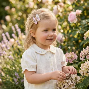 Close-up of a young girl wearing floral patterned BB hair clips in a garden setting