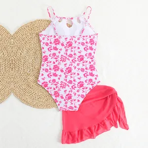 Girls floral one-piece swimsuit with matching pink ruffled mesh skirt swimwear set