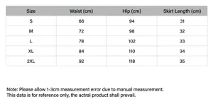 Size chart for high waist asymmetric denim skort with detailed measurement guide