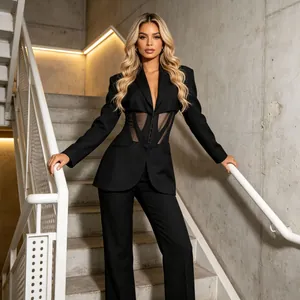 Elegant black blazer detail featuring mesh patchwork fishbone corset waist design for women