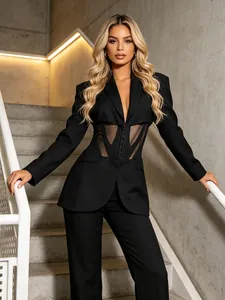 Women Mesh Patchwork Corset Blazer French Boning Transparent Slim Fit Suit Jacket Long Sleeve Formal Outerwear
