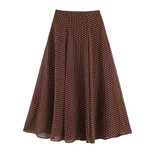 Ρετρό καφέ μίντι φούστα με λευκά πουά, ψηλόμεση και κομψό, ρέον σχέδιο για γυναίκες.