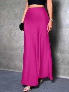 Eleganter fuchsiafarbener Satin-Maxirock mit hoher Taille für Damen in Meerjungfrau-Optik
