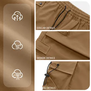 Dettaglio dei pantaloni cargo kaki ad asciugatura rapida con tasche tattiche