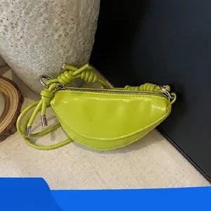 Women's Mini PU Leather Half Moon Shoulder Bag Solid Color Crossbody Bag With Knotted Strap Zipper Small Lipstick Bag