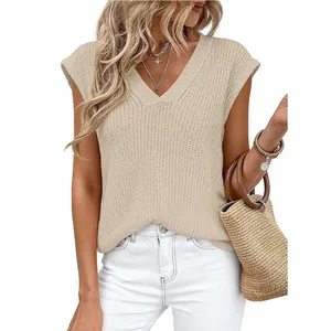 Gilet in maglia grossa da donna con scollo a V in beige, stile casual ed elegante