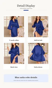 Vues détaillées d'un peignoir en satin bleu roi pour femme avec col en V et ceinture.