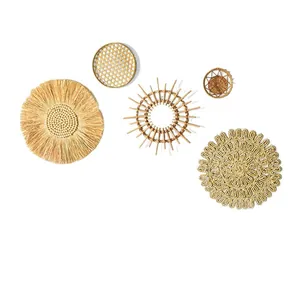 Bohemian set of 5 woven straw and rattan wall decor hangings for Nordic home