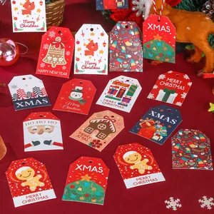Detailed view of various festive Christmas gift tags with colorful holiday patterns.
