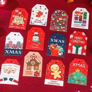 Diverse collection of Christmas gift tags with Santa and snowman designs on red background.