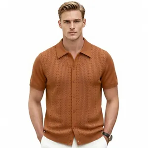 Men's summer brown hollow-out short sleeve knit polo cardigan with button front