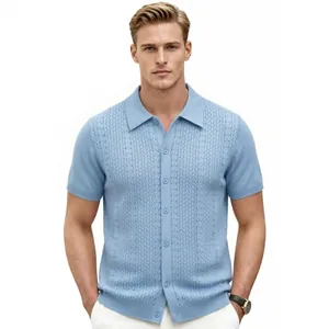 Men's sky blue short sleeve knitted polo cardigan with hollow pointelle texture