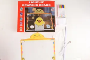 Detailed view of kids cartoon light-up drawing board set with colored pens and USB cable
