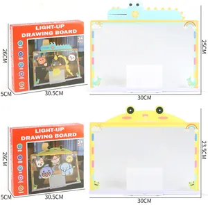 Detailed dimensions for cartoon crocodile and frog light-up drawing board sets.