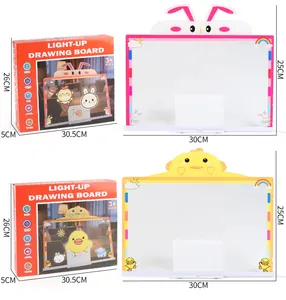 Cartoon light-up drawing boards for kids with rabbit and chick designs and size dimensions.