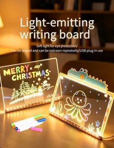 Macro view of light-emitting writing board with creative drawings and erasable pens