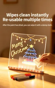 Close-up of erasable luminous drawing board showing Christmas tree DIY art and markers.
