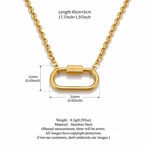 Collier en acier inoxydable doré avec pendentif mousqueton et dimensions détaillées