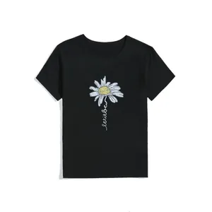 T-shirt casual nera a maniche corte da donna con stampa minimalista di margherite.